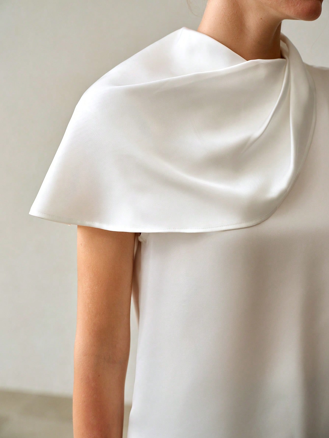 CM-TS097969 Women Elegant Seoul Style Cowl Neck Batwing Sleeve Satin Asymmetrical Blouse - White