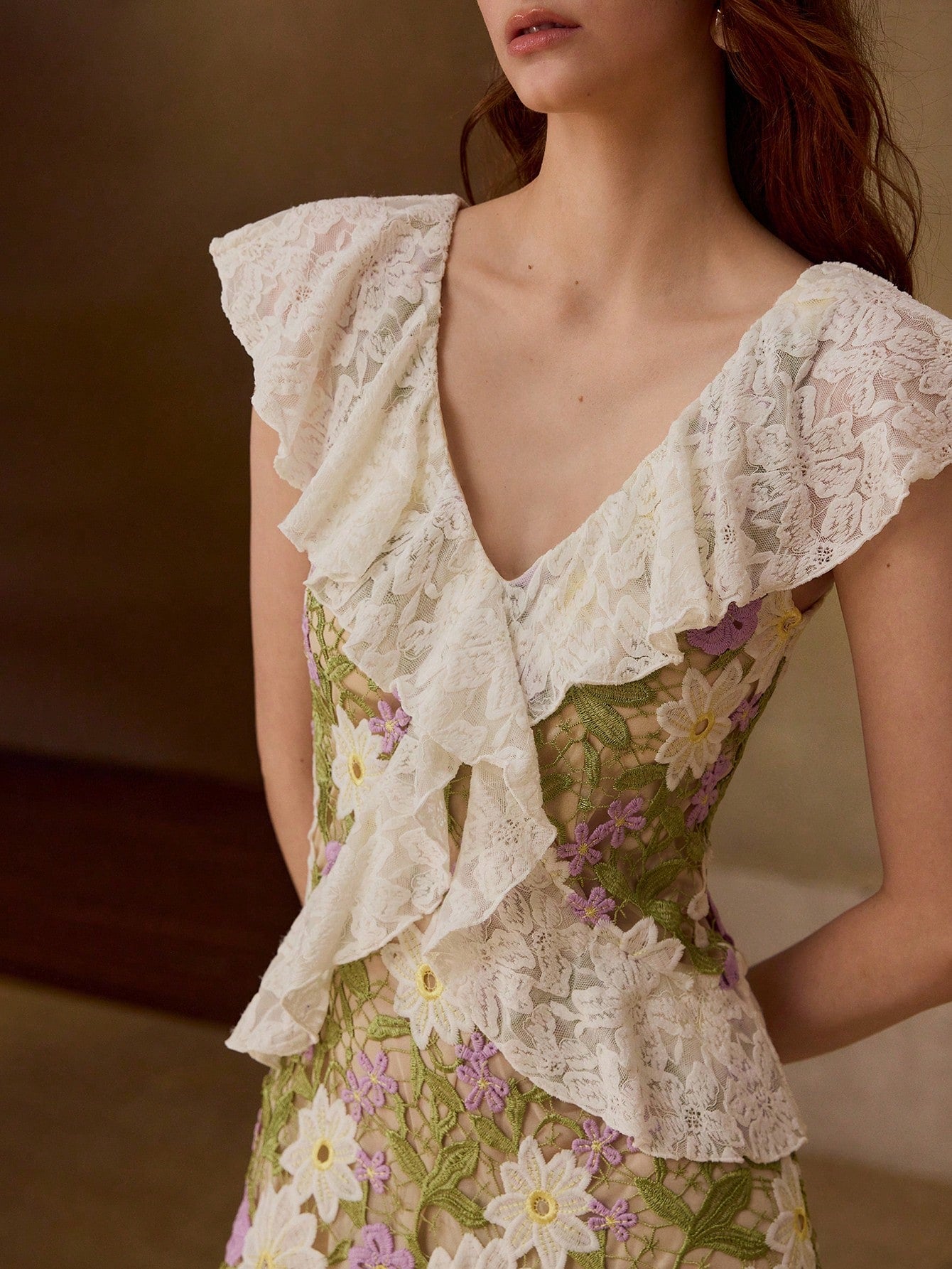 CM-DS003521 Women Elegant Seoul Style Deep V-Neck Cap Sleeve Floral Embroidered Waist-Cinching Dress - Green
