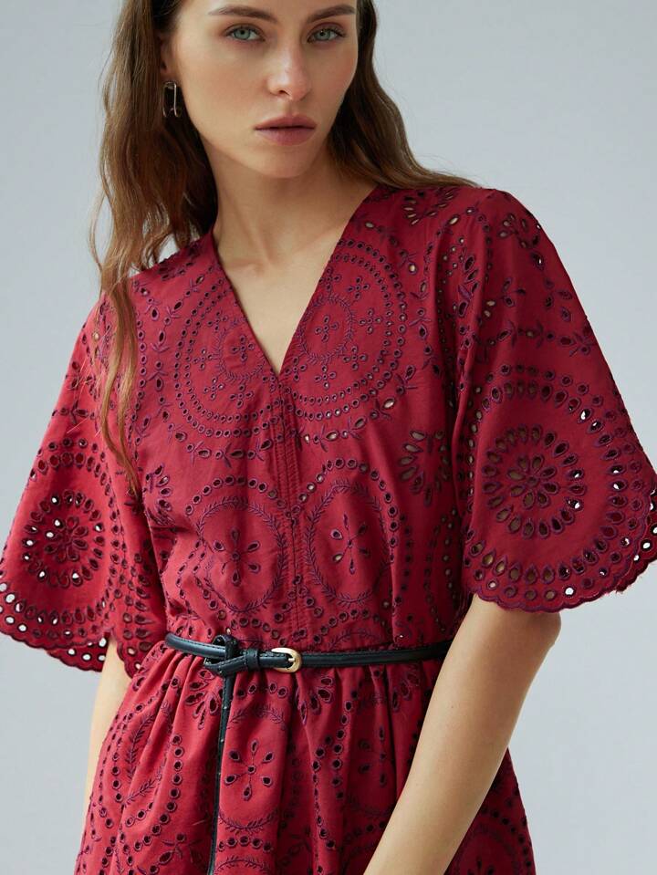 CM-DS912906 Women Elegant Seoul Style V-Neck Embroidery Hollow-Out Lace Loose Mini Dress - Burgundy