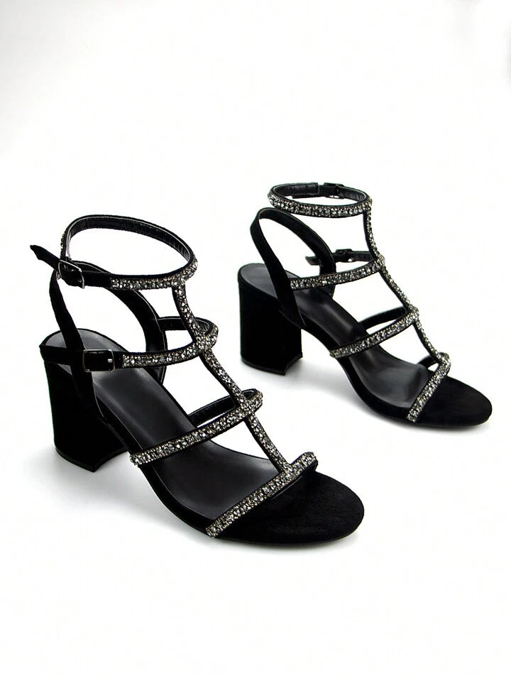 CM-SHS745595 Women Trendy Seoul Style Rhinestone Thin Strap Velvet Round Toe Chunky Heels Sandals - Black