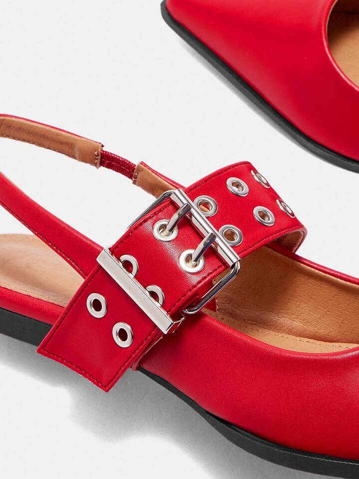CM-SHS580080 Women Trendy Seoul Style Pointed Toe Buckled Backless Flat Shoes - Red