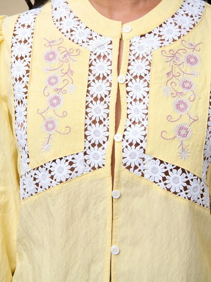 CM-TS903060 Women Elegant Seoul Style Floral Lace Patchwork Round Neck Lantern Sleeve Blouse - Yellow