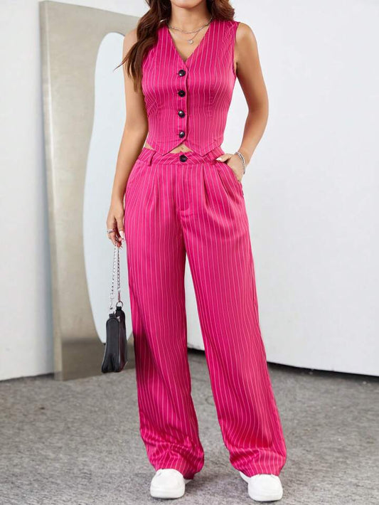 CM-SS443989 Women Casual Seoul Style Stripe Single-Breasted Suit Vest With Pleated Tapered Pants Suit - Hot Pink