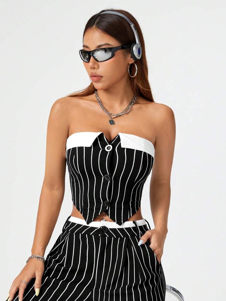 CM-SS991213 Women Casual Seoul Style Striped Strapless Top With Long Pants - Set