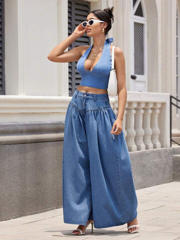 CM-BS115955 Women Casual Seoul Style Medium Wash High Waist Pleated Loose Wide Leg Jeans