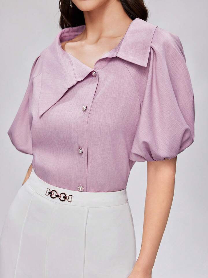 CM-TS310474 Women Casual Seoul Style Button Up V-Neck Bubble Sleeve Shirt - Pink