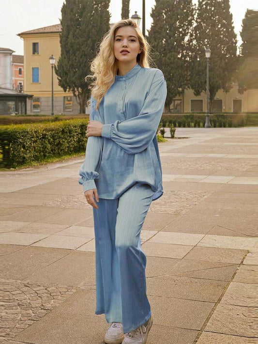 CM-SS090695 Women Casual Seoul Style Shirt Collar Long Sleeve Oversize Shirts With Long Pants - Blue