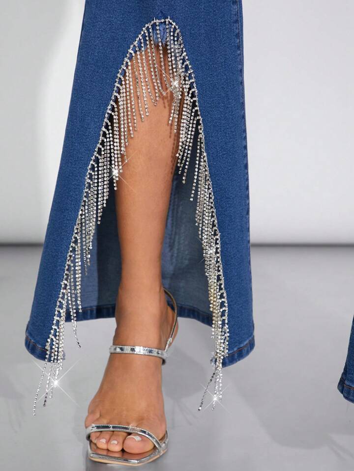 CM-BS808297 Women Preppy Seoul Style Medium Wash Rhinestone Fringe Flare Leg Jeans