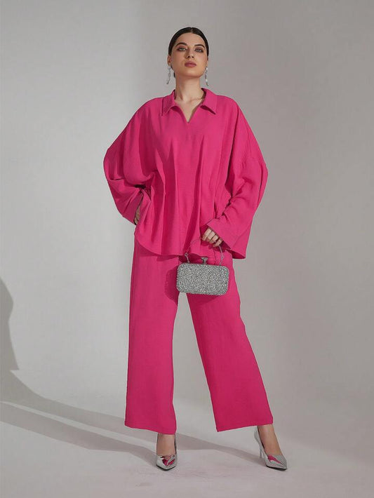 CM-SS842435 Women Casual Seoul Style Crinkled Oversized Shirt With Matching Pants - Set