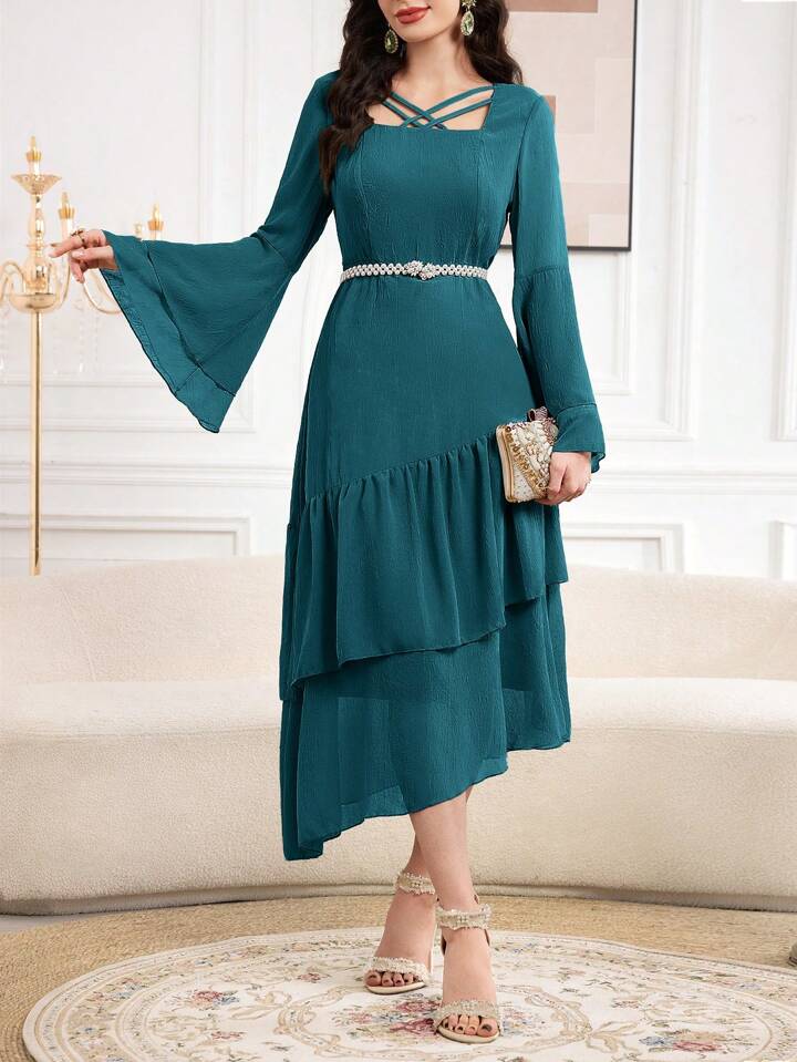 CM-DS223684 Women Elegant Seoul Style Crossed Collar Trumpet Sleeve Maxi Dress - Teal Blue