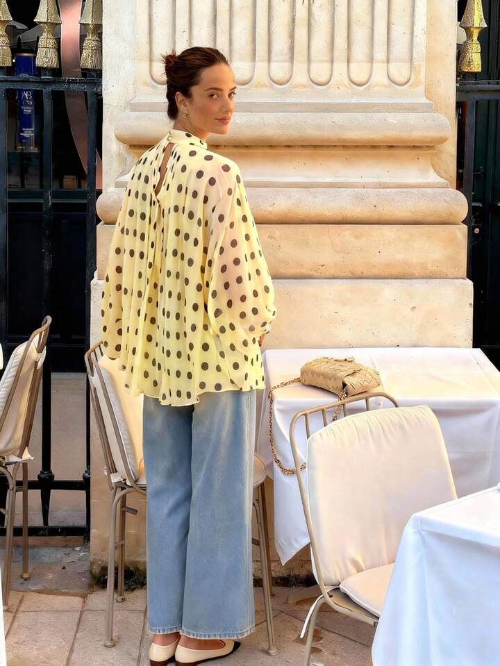 CM-TS430279 Women Elegant Seoul Style Bowknot Lantern Sleeve Polka Dot Pattern Pleated Blouse - Yellow