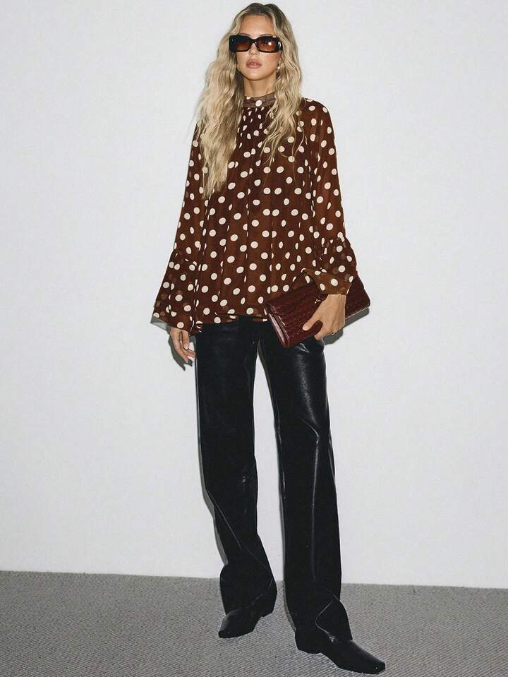 CM-TS696343 Women Casual Seoul Style Stand Collar Polka Dot Wide Long-Sleeved Ruffles Lace Shirt - Brown