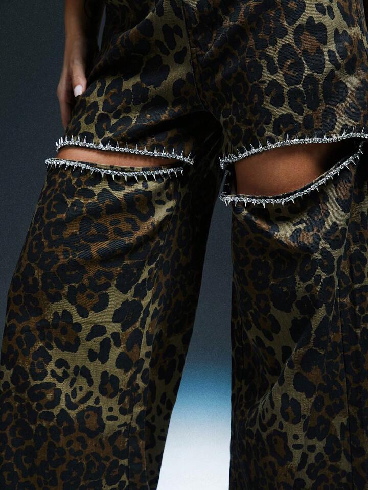 CM-BS154439 Women Casual Seoul Style Leopard Print Rhinestone Cut Out Wide Leg Jeans