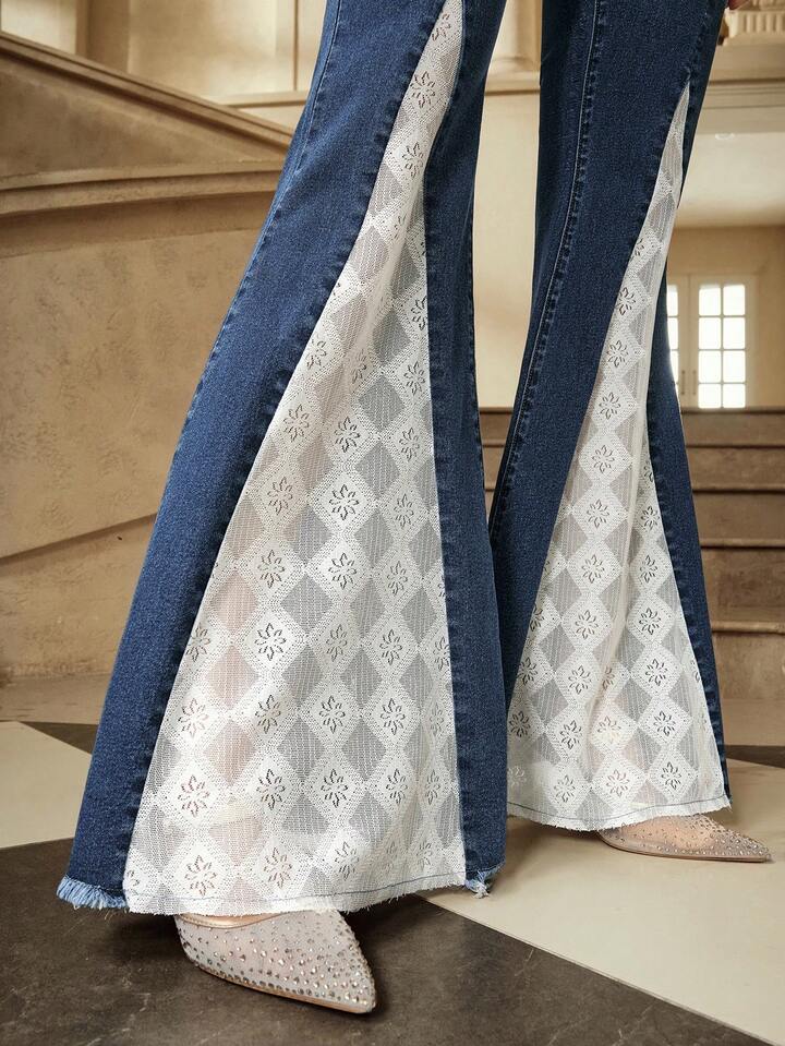 CM-BS016818 Women Casual Seoul Style Medium Wash Lace Patchwork Mid Waist Skinny Flare Leg Jeans