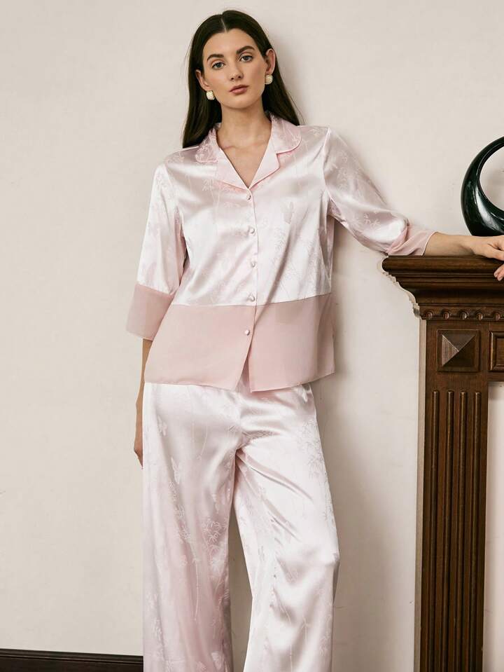 CM-LS048655 Women Trendy Seoul Style Bamboo Floral Reversible Collar 3/4 Sleeve Pajama Set - Baby Pink