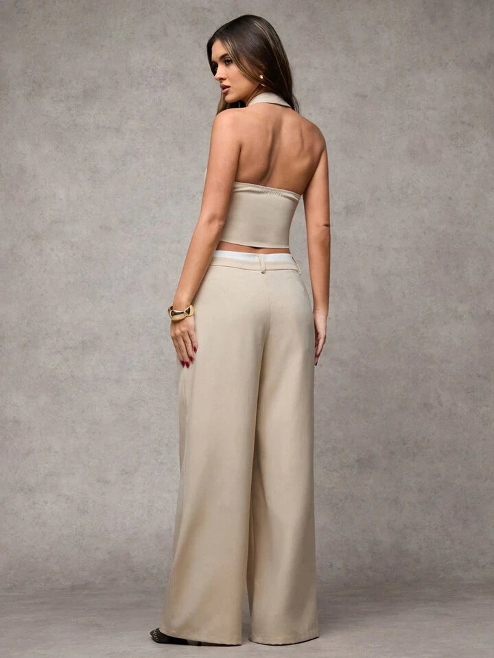 CM-SS933250 Women Elegant Seoul Style Halter Neckline Single-Breasted Vest With Long Pants Suit - Khaki