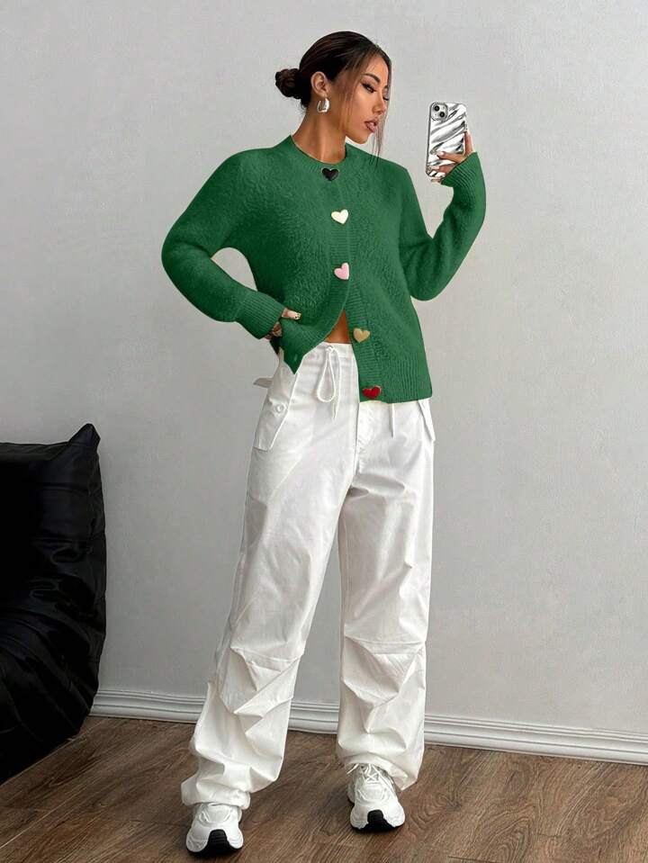 CM-CS365573 Women Casual Seoul Style Colorful Heart Button Front Cardigan - Dark Green