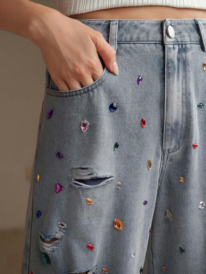 CM-BS261305 Women Elegant Seoul Style Light Wash Distressed Colored Rhinestone Embellished Jeans