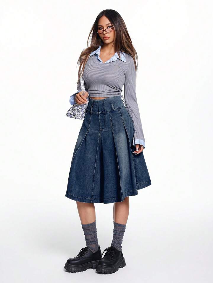 CM-BS434184 Women Casual Seoul Style Dark Wash Knee Length Denim A-Line Pleated Skirt