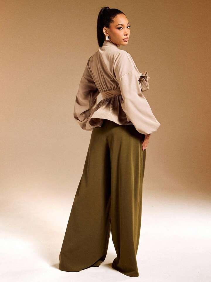 CM-TS852003 Women Elegant Seoul Style Stand Collar 3/4 Sleeve Ruffle Peplum Balloon Sleeve Woven Top - Khaki