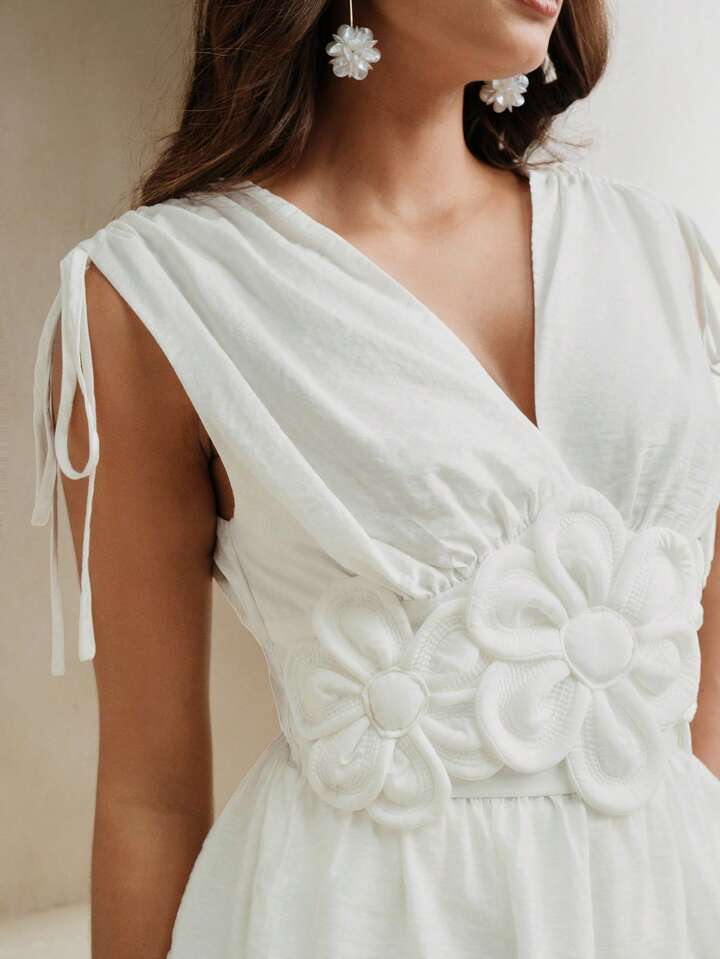 CM-TS156696 Women Elegant Seoul Style 3D Floral Tie Front Sleeveless Ruched Top - White
