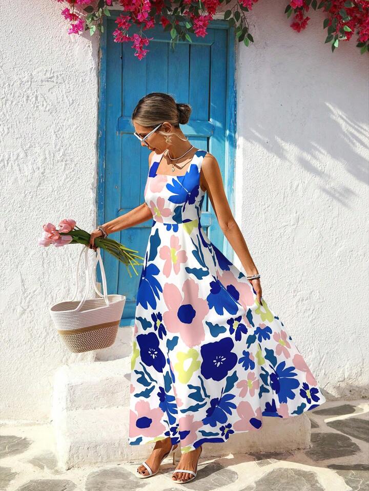CM-DS671707 Women Trendy Bohemian Style Floral Print Square Neck Sleeveless High Waist Long Dress - Blue