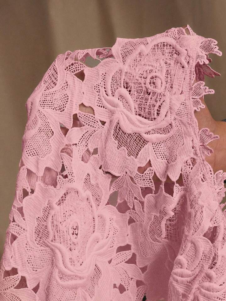 CM-TS375233 Women Elegant Seoul Style Round Neck Sleeveless Lace Embroidered Blouse - Pink