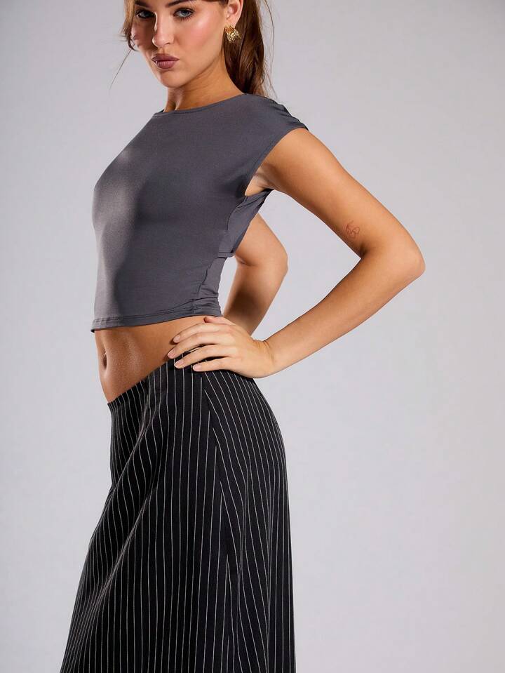CM-BS031678 Women Elegant Seoul Style Pinstripe Low Rise Maxi Skirt - Black