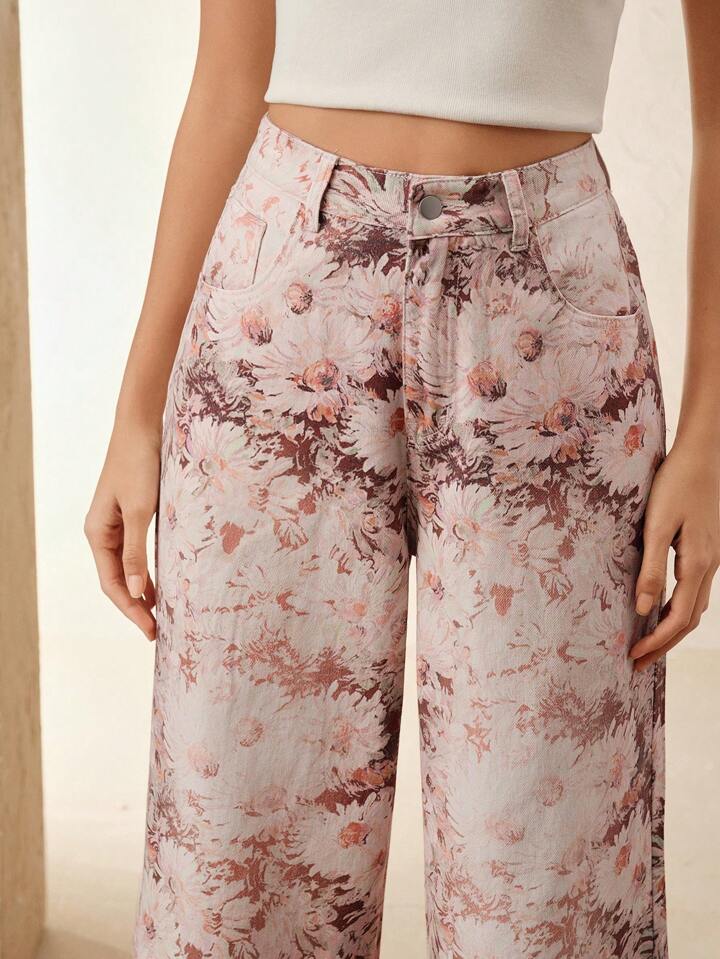 CM-BS072064 Women Casual Seoul Style Floral Printed High-Waisted Wide Leg Jeans - Pink