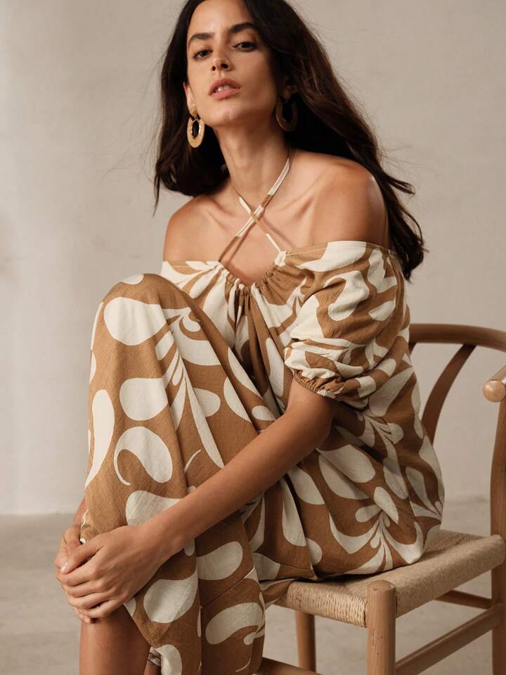 CM-DS627471 Women Trendy Bohemian Style Printed Pleated Backless Maxi Dress - Coffee