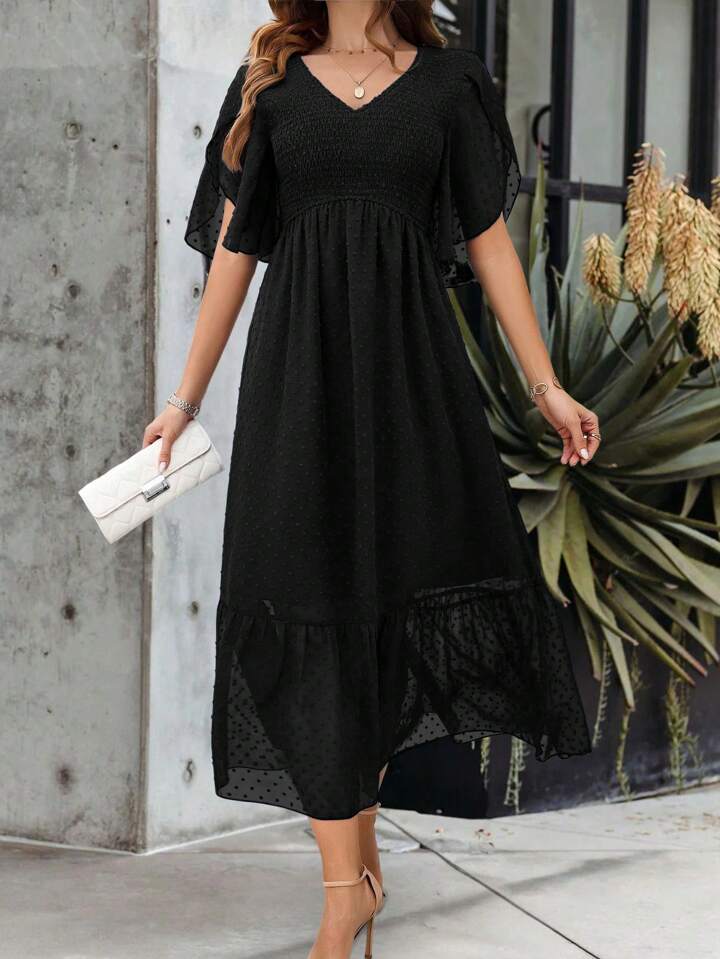 CM-DS225485 Women Casual Seoul Style V-Neck Swiss Dot Petal Sleeve Ruffle Hem Dress - Black