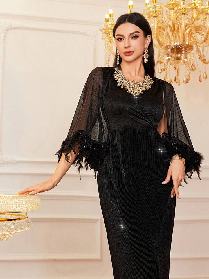 CM-DS330838 Women Elegant Seoul Style Slim Fit Patchwork Feather Sleeve Hem Bodycon Dress