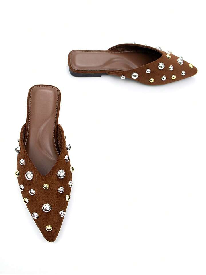 CM-SHS838252 Women Trendy Seoul Style Metal Stud Decor Faux Suede Pointed Toe Slip-On Flats - Brown