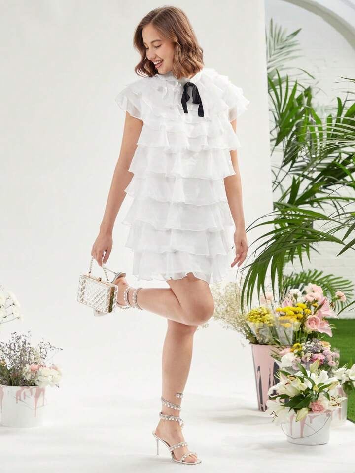 CM-DS601121 Women Elegant Seoul Style Tie Neck Short Sleeve Ruffle Trim Organza Dress