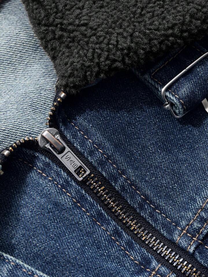 CM-CS538908 Women Casual Seoul Style Long Sleeve Loose Hem Crop Denim Jacket With Furry Collar - Blue