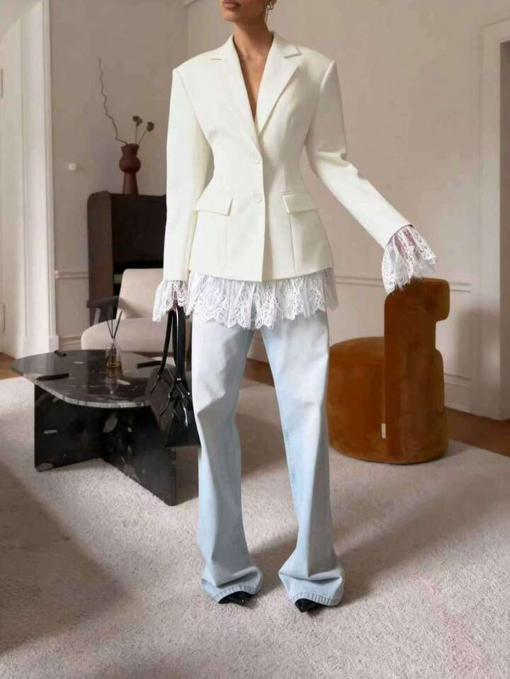 CM-CS088473 Women Elegant Seoul Style Solid Color Pocket Lace Patchwork Button Waist Blazer Jacket - Apricot