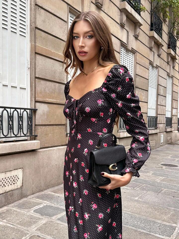 CM-DS297138 Women Casual Seoul Style V-Neck Ruffle Trim Waist Cinched Floral Print Long Sleeve Dress