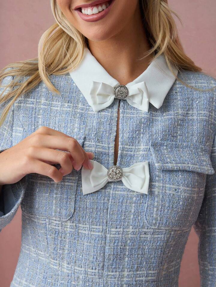 CM-DS788805 Women Elegant Seoul Style Plaid Print Bow Decor Collar Neckline Long Sleeve Mini Dress - Blue