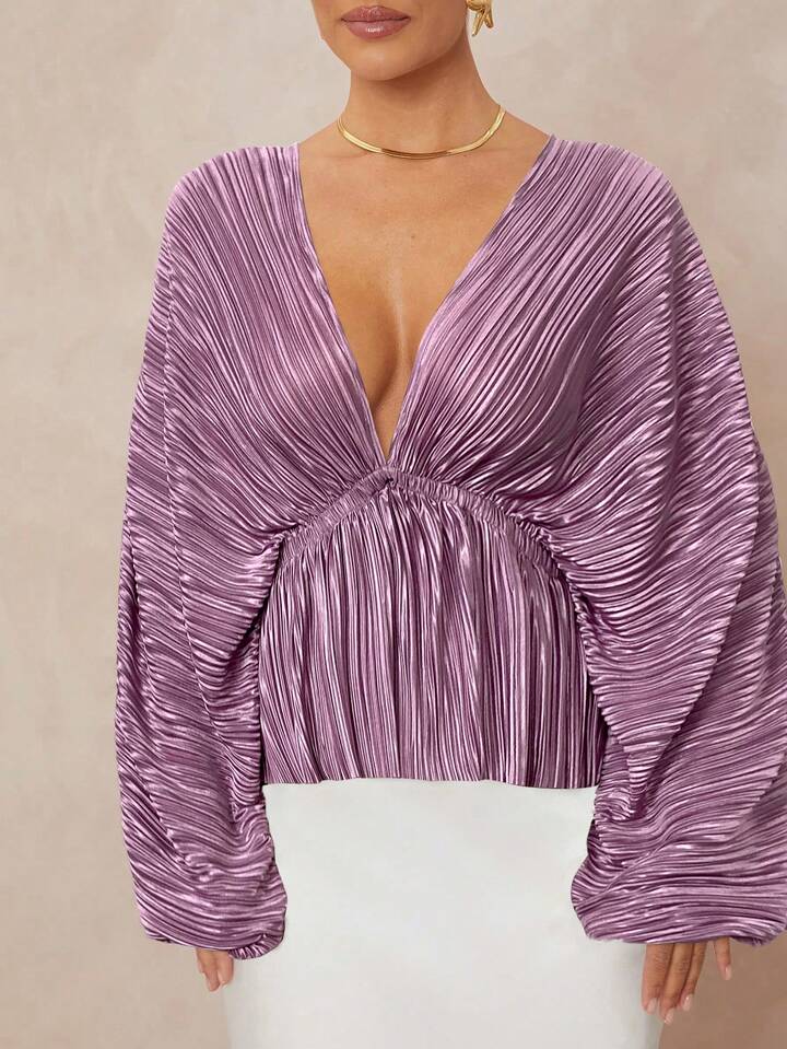CM-TS286983 Women Elegant Seoul Style Deep V-Neck Long Sleeve Loose Fit Ruffled Hem Oversized Blouse - Dusty Pink