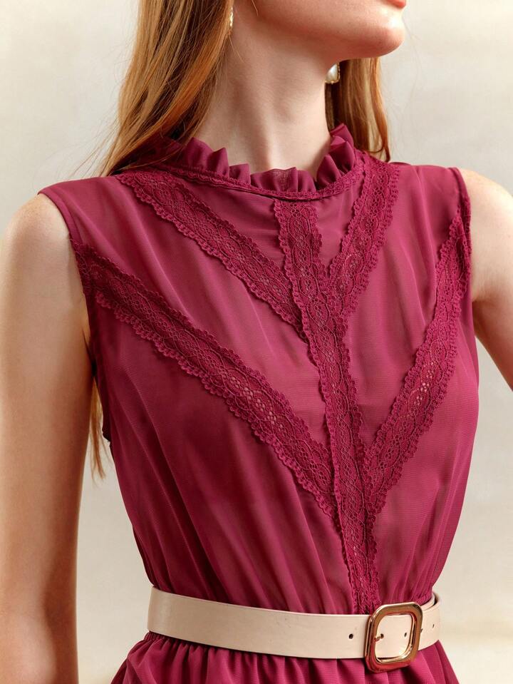 CM-DS601449 Women Trendy Bohemian Style Solid Color Patchwork Stand Collar Sleeveless Dress - Red Violet
