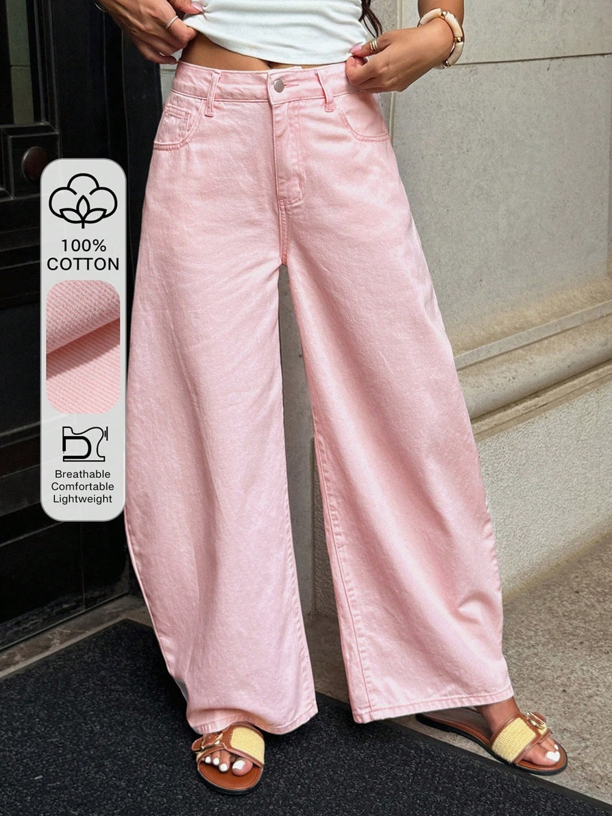 CM-BS021888 Women Casual Seoul Style Mid Waist Washed Distressed Straight Leg Jeans - Pink