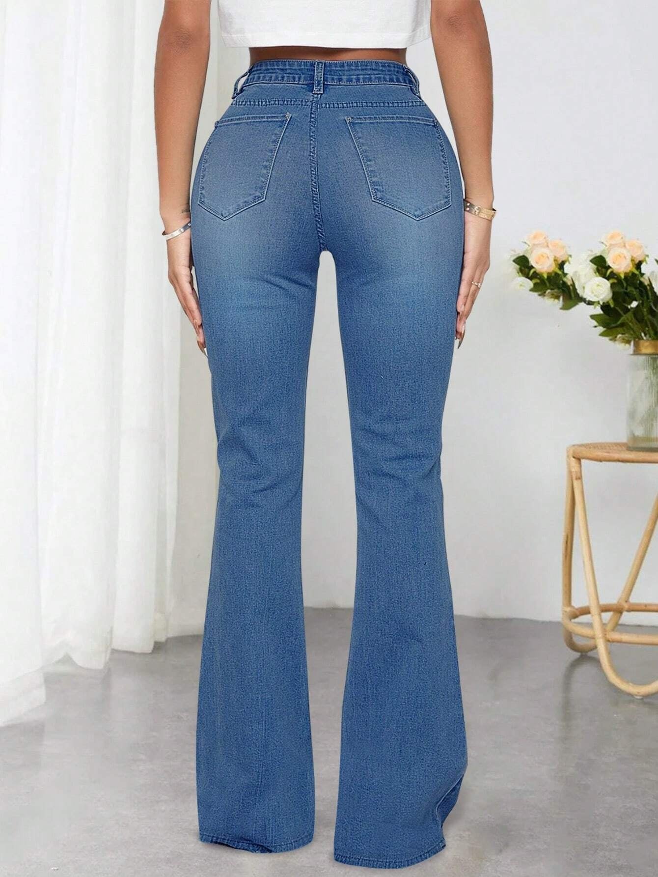 CM-BS923313 Women Preppy Seoul Style Medium Wash Pearls Beaded Flare Leg Jeans