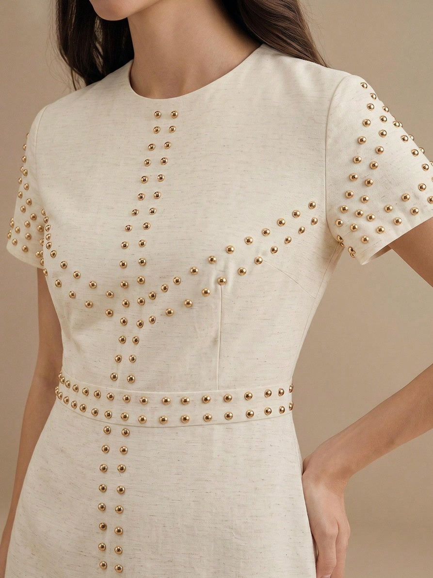 CM-DS714532 Women Elegant Seoul Style Round Neck Short Sleeve Waist-Defining Mid-Length Beaded Embellished Dress