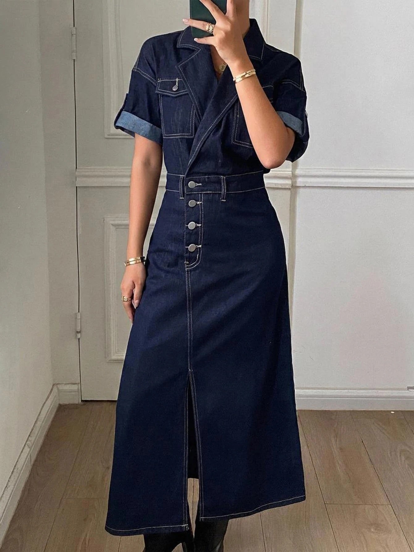 CM-DS207946 Women Casual Seoul Style Dark Wash Collar Neckline Roll Up Short Sleeve Denim Dress