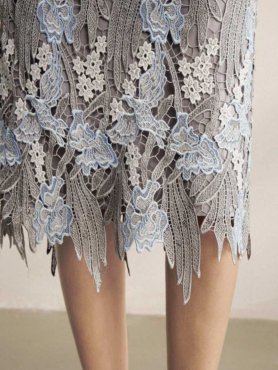 CM-BS919269 Women Elegant Seoul Style High Waist Lace Hollow Embroidery Asymmetrical Hem Skirt