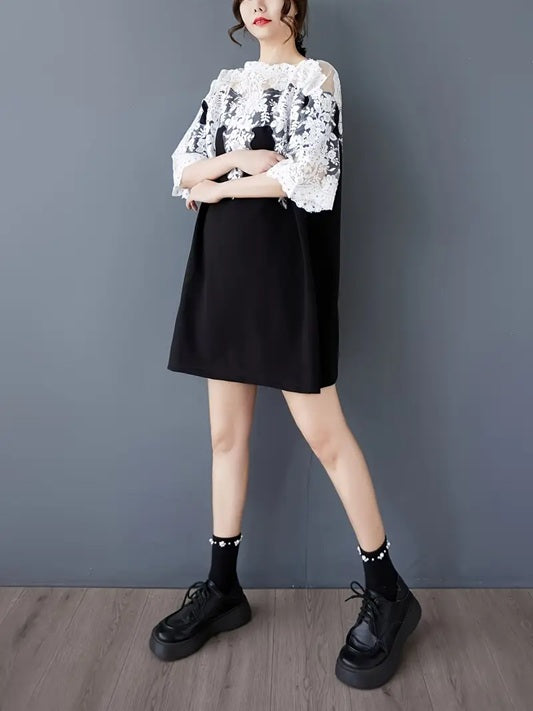 CM-DT662346 Women Casual Seoul Style Off the Shoulder Short Sleeve Hollow Contrast Lace Dress - Black
