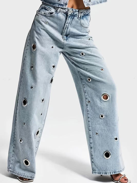 CM-BT466345 Women Casual Seoul Style High-Waist Multi-Size Metal Eyelet Cutout Wide-Leg Jeans - Light Blue