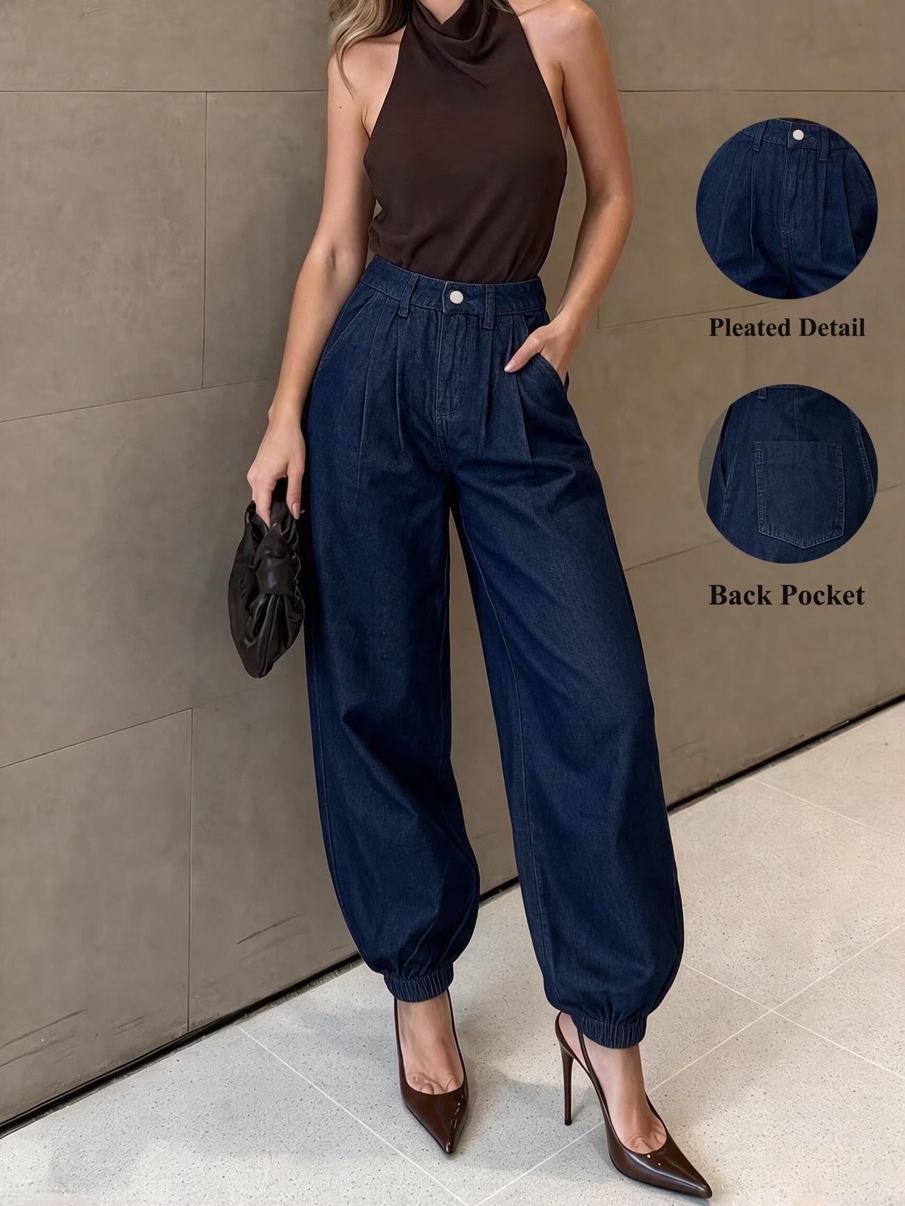CM-BT326409 Women Casual Seoul Style High-Waist Pleated Loose Wide-Leg Cuffed Lantern Jeans - Dark Blue