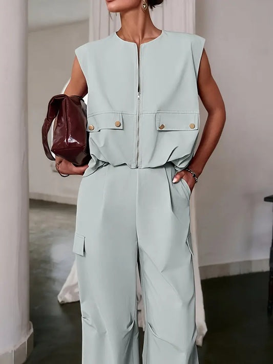 CM-ST460904 Women Elegant Seoul Style Solid Color Sleeveless V-Neck Button Details Drawstring Vest With Pants - Set