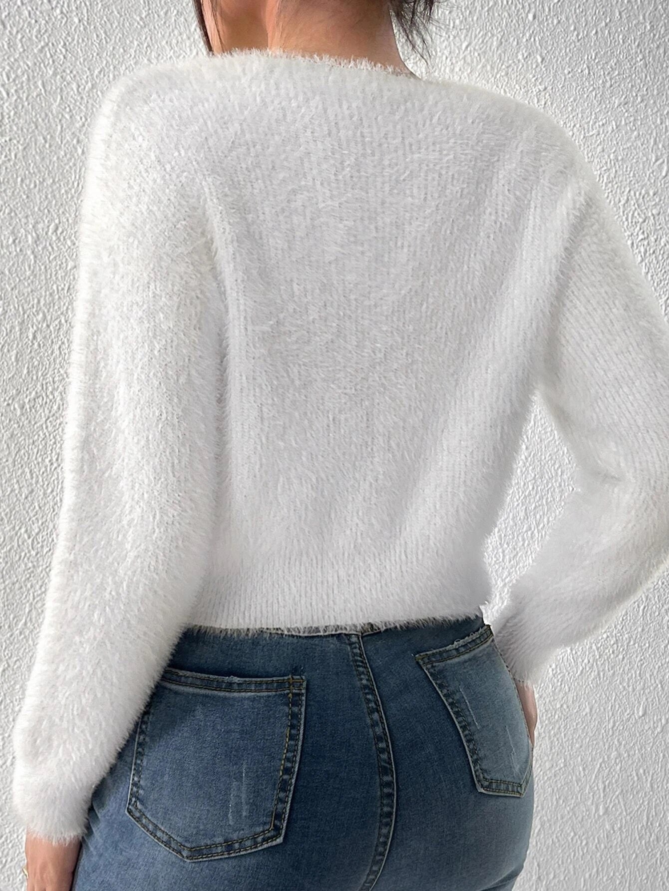 CM-CS851391 Women Casual Seoul Style Rhinestone Bow Front Fluffy Knit Cardigan - White